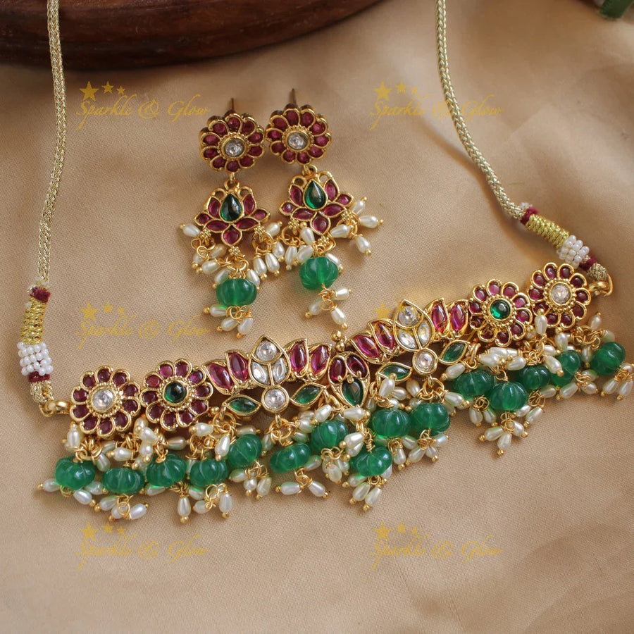 Stunning Lotus floral kemp stone choker with rice pearls and green beads - Sparkle and Glow