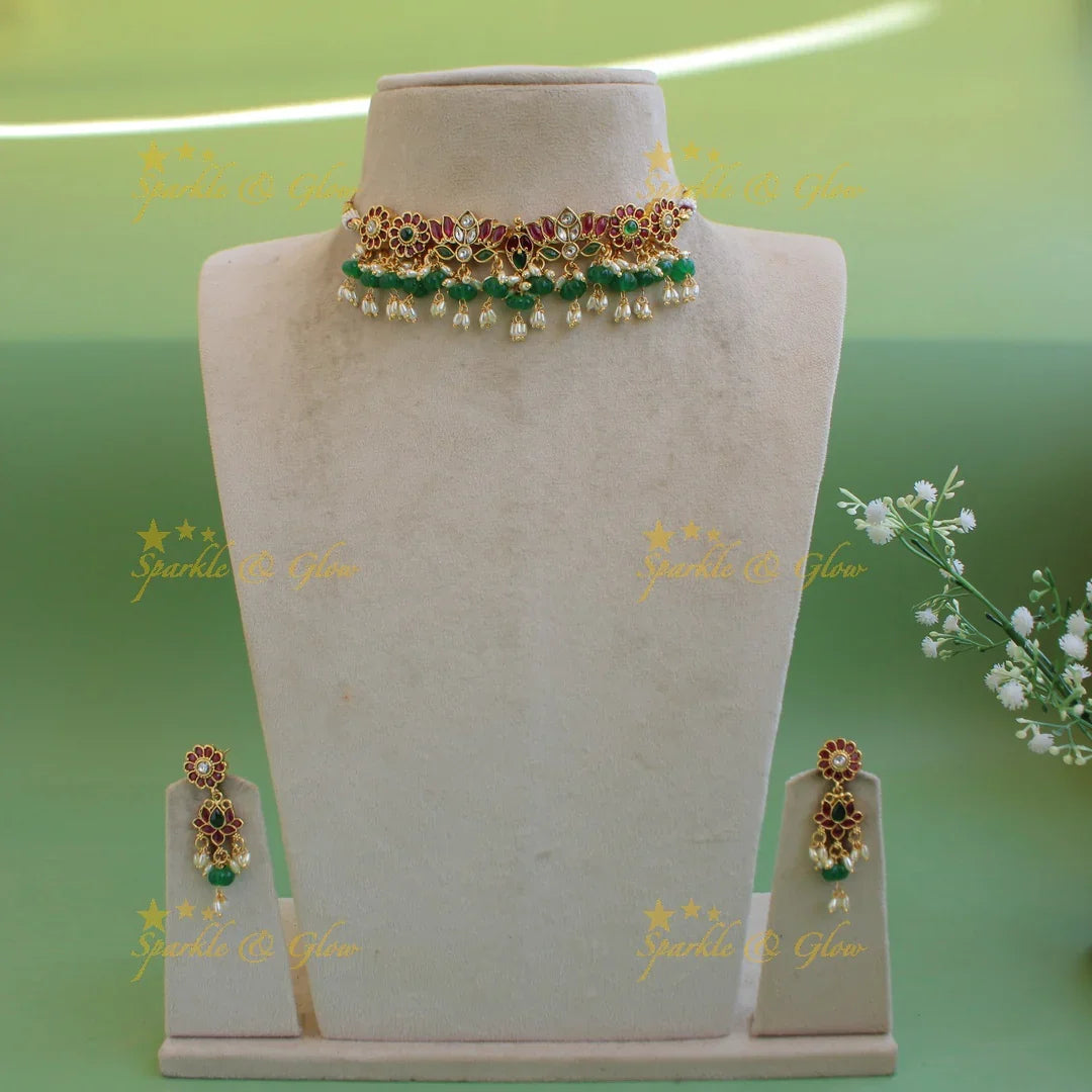 Stunning Lotus floral kemp stone choker with rice pearls and green beads - Sparkle and Glow