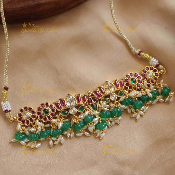 Stunning Lotus floral kemp stone choker with rice pearls and green beads - Sparkle and Glow