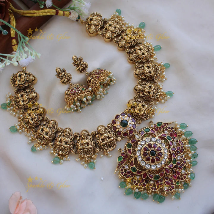 Gorgeous Lakshmi peacock floral kemp stone short necklace with pearls and mint green beads - Sparkle and Glow