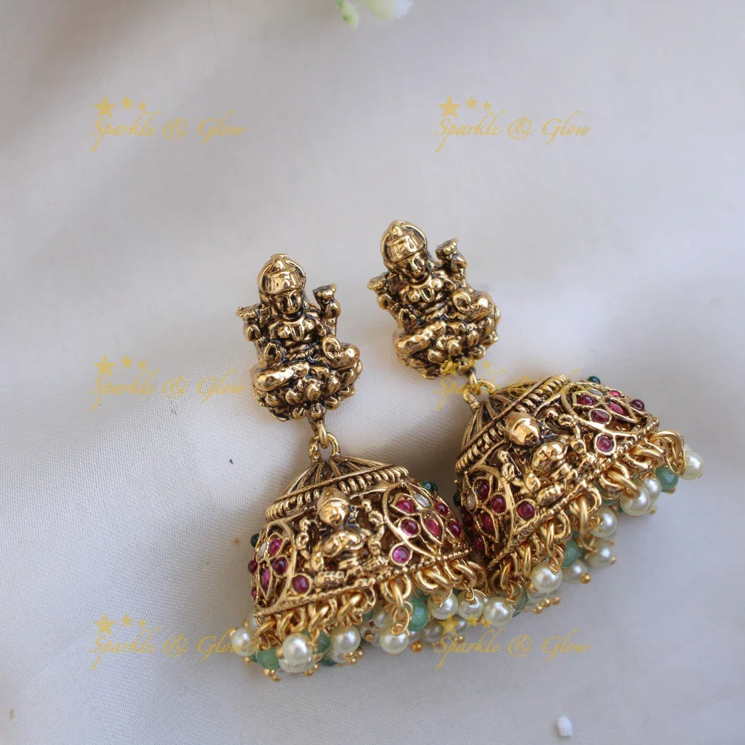 Gorgeous Lakshmi peacock floral kemp stone short necklace with pearls and mint green beads - Sparkle and Glow