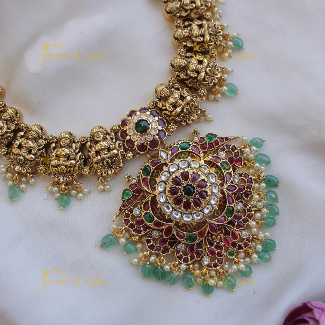 Gorgeous Lakshmi peacock floral kemp stone short necklace with pearls and mint green beads - Sparkle and Glow