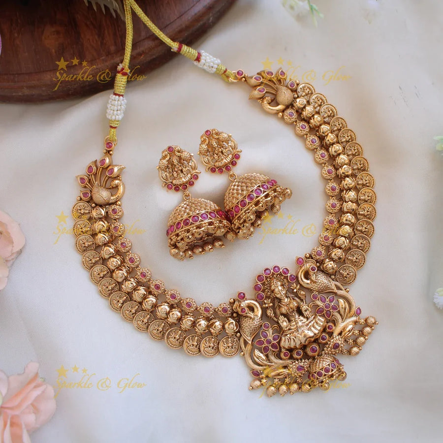 Beautiful Lakshmi peacock coin kemp stone short necklace with gold beads - Sparkle and Glow