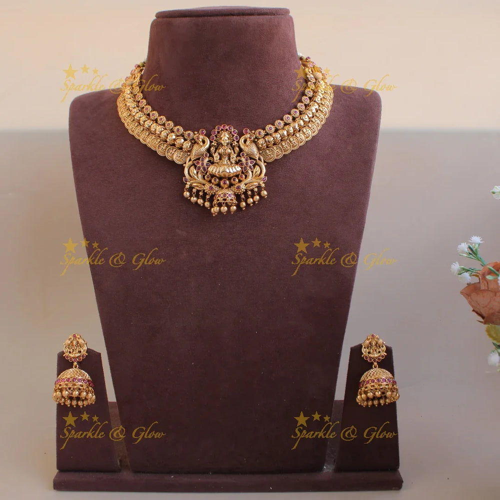 Beautiful Lakshmi peacock coin kemp stone short necklace with gold beads - Sparkle and Glow