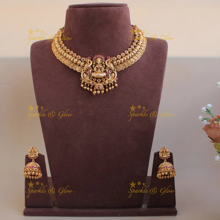 Beautiful Lakshmi peacock coin kemp stone short necklace with gold beads - Sparkle and Glow