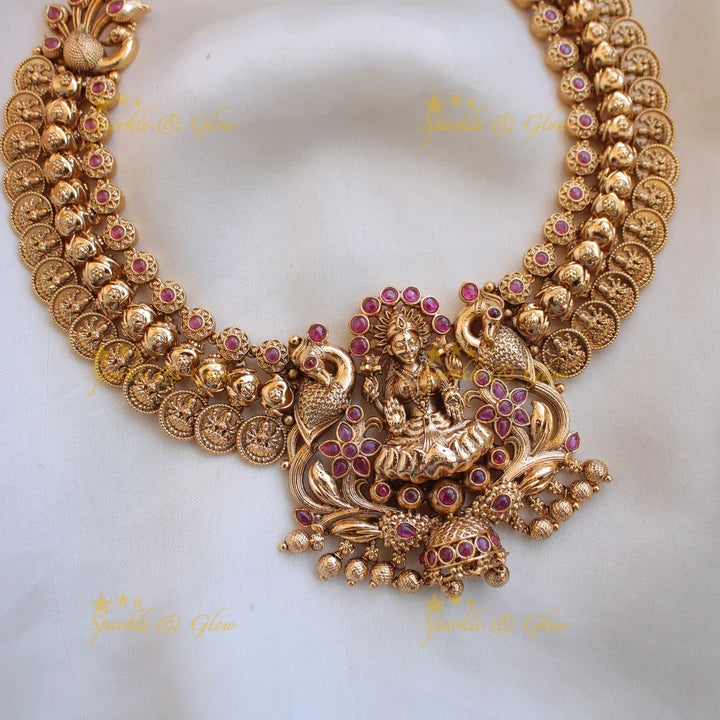 Beautiful Lakshmi peacock coin kemp stone short necklace with gold beads - Sparkle and Glow