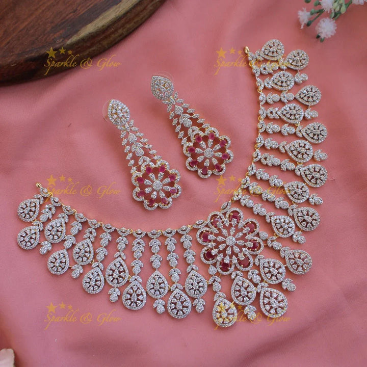 Exclusive floral leaflet drop American diamond Short necklace with Pink stones - Sparkle and Glow