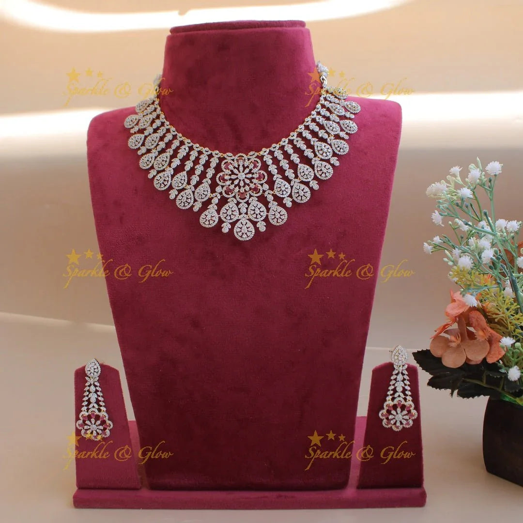 Exclusive floral leaflet drop American diamond Short necklace with Pink stones - Sparkle and Glow