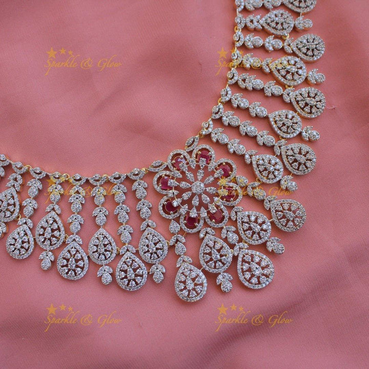 Exclusive floral leaflet drop American diamond Short necklace with Pink stones - Sparkle and Glow