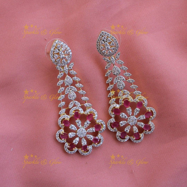 Exclusive floral leaflet drop American diamond Short necklace with Pink stones - Sparkle and Glow