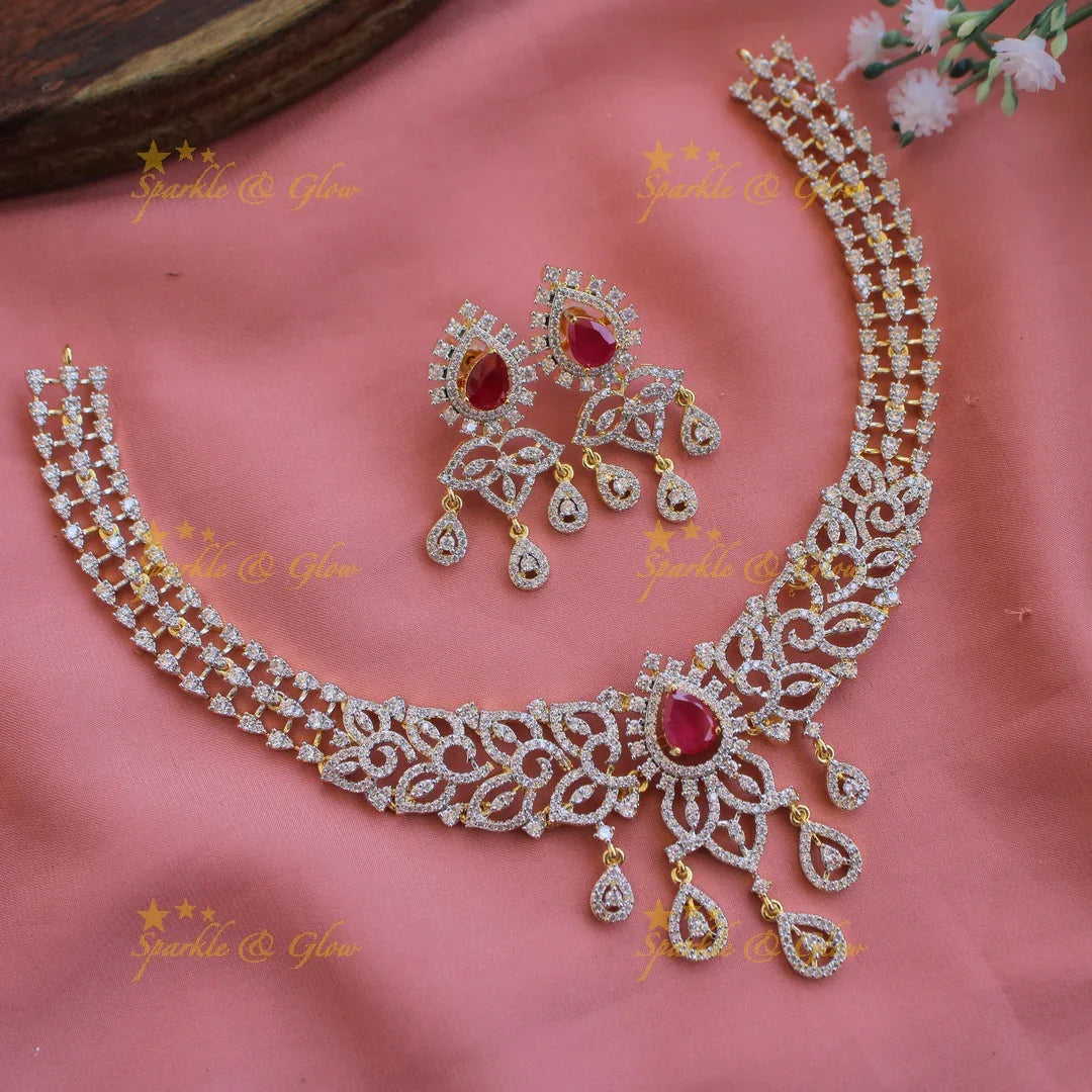 Simple Floral American diamond short necklace with multi colour interchangeable stones - Sparkle and Glow