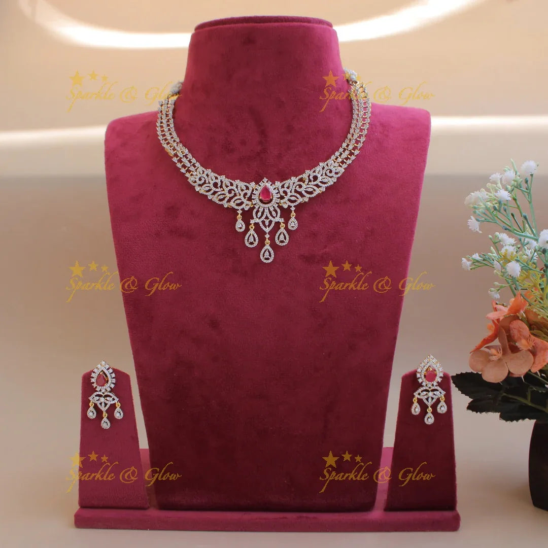 Simple Floral American diamond short necklace with multi colour interchangeable stones - Sparkle and Glow