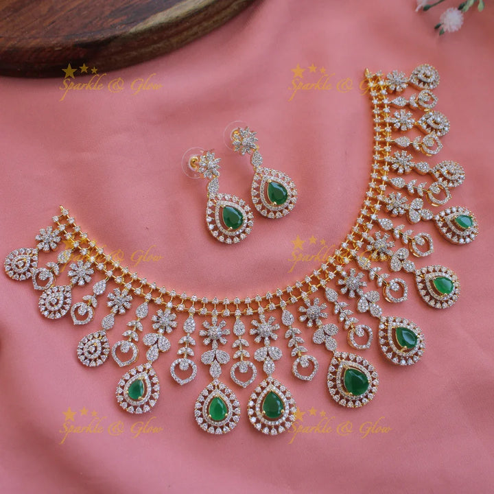 Elegant Floral leaflet design American diamond short necklace with emeralds - Sparkle and Glow