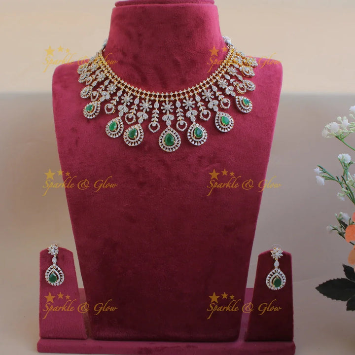Elegant Floral leaflet design American diamond short necklace with emeralds - Sparkle and Glow