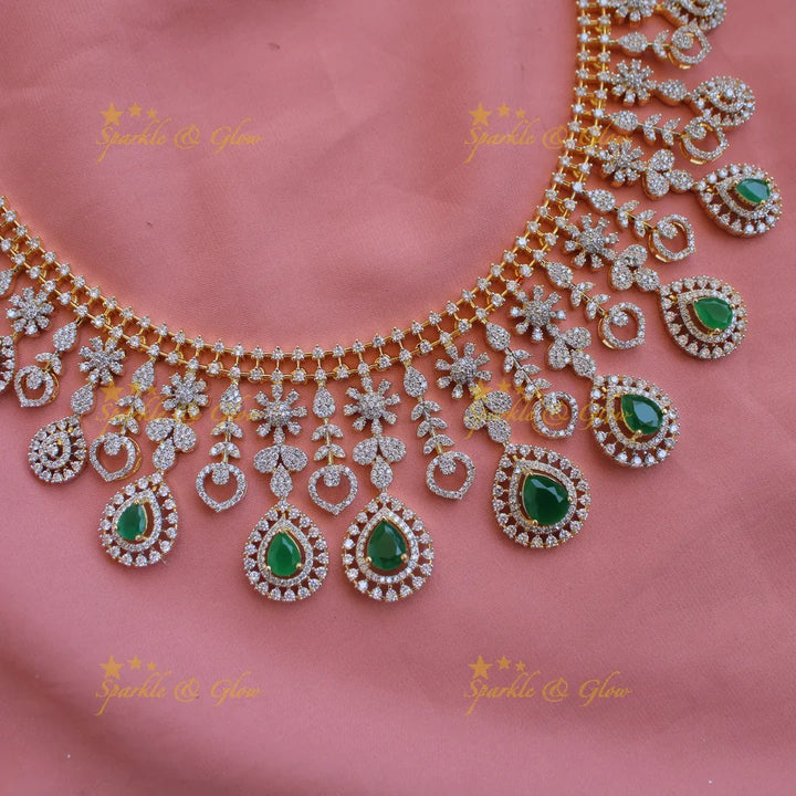 Elegant Floral leaflet design American diamond short necklace with emeralds - Sparkle and Glow