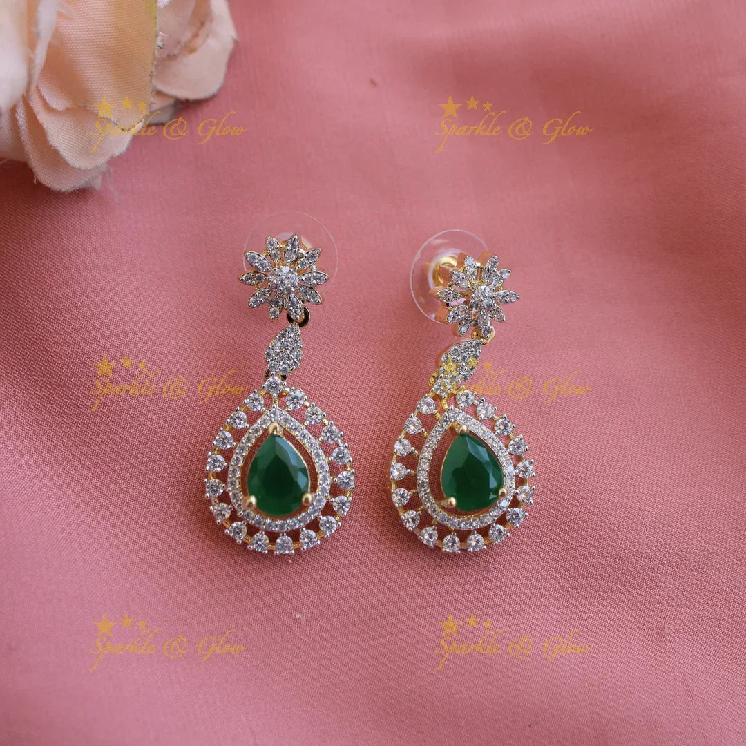 Elegant Floral leaflet design American diamond short necklace with emeralds - Sparkle and Glow