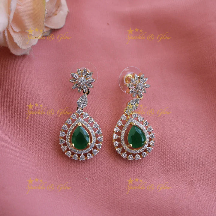 Elegant Floral leaflet design American diamond short necklace with emeralds - Sparkle and Glow