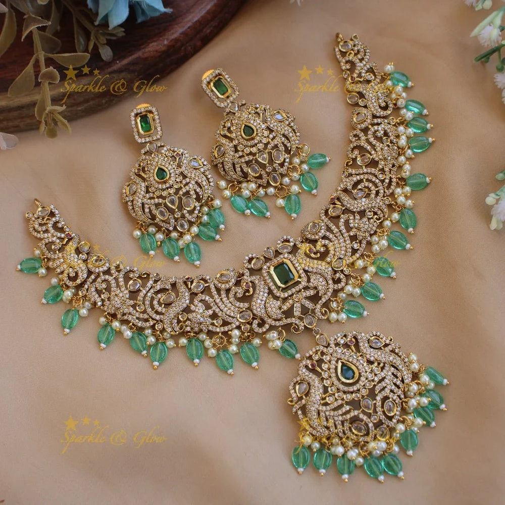 Statement Peacock lotus design victorian AD short necklace with pearls green stones and green beads - Sparkle and Glow