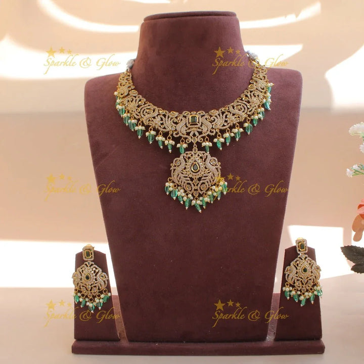 Statement Peacock lotus design victorian AD short necklace with pearls green stones and green beads - Sparkle and Glow