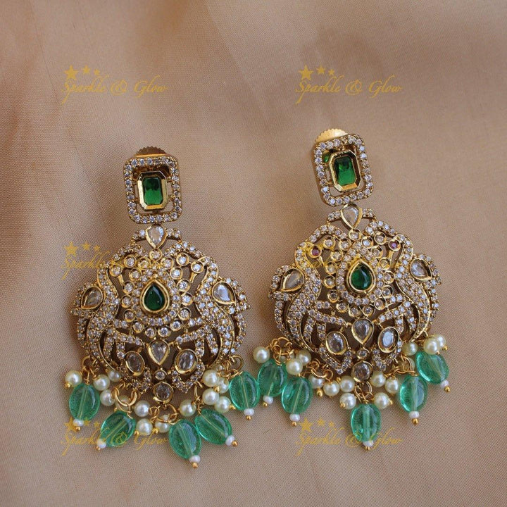 Statement Peacock lotus design victorian AD short necklace with pearls green stones and green beads - Sparkle and Glow