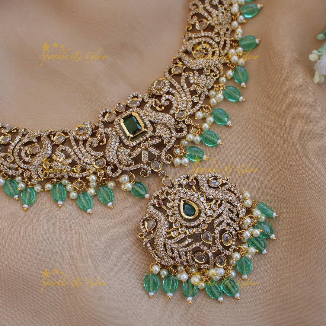 Statement Peacock lotus design victorian AD short necklace with pearls green stones and green beads - Sparkle and Glow