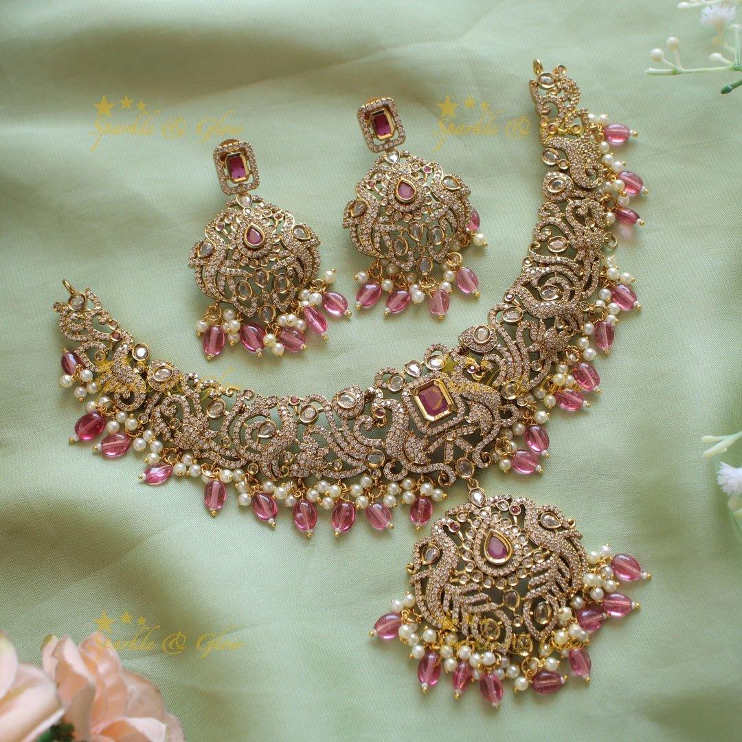 Statement Peacock lotus design victorian AD short necklace with pearls green stones and green beads - Sparkle and Glow