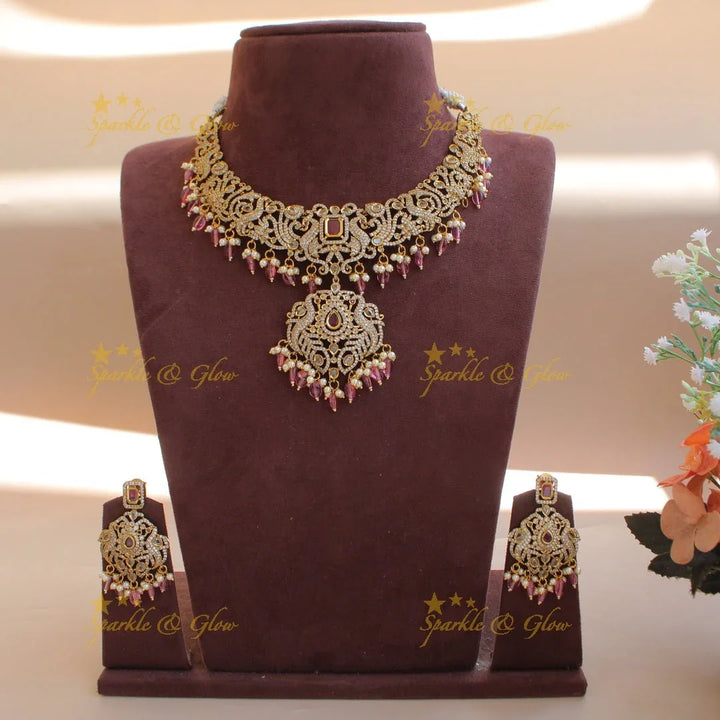 Statement Peacock lotus design victorian AD short necklace with pearls green stones and green beads - Sparkle and Glow