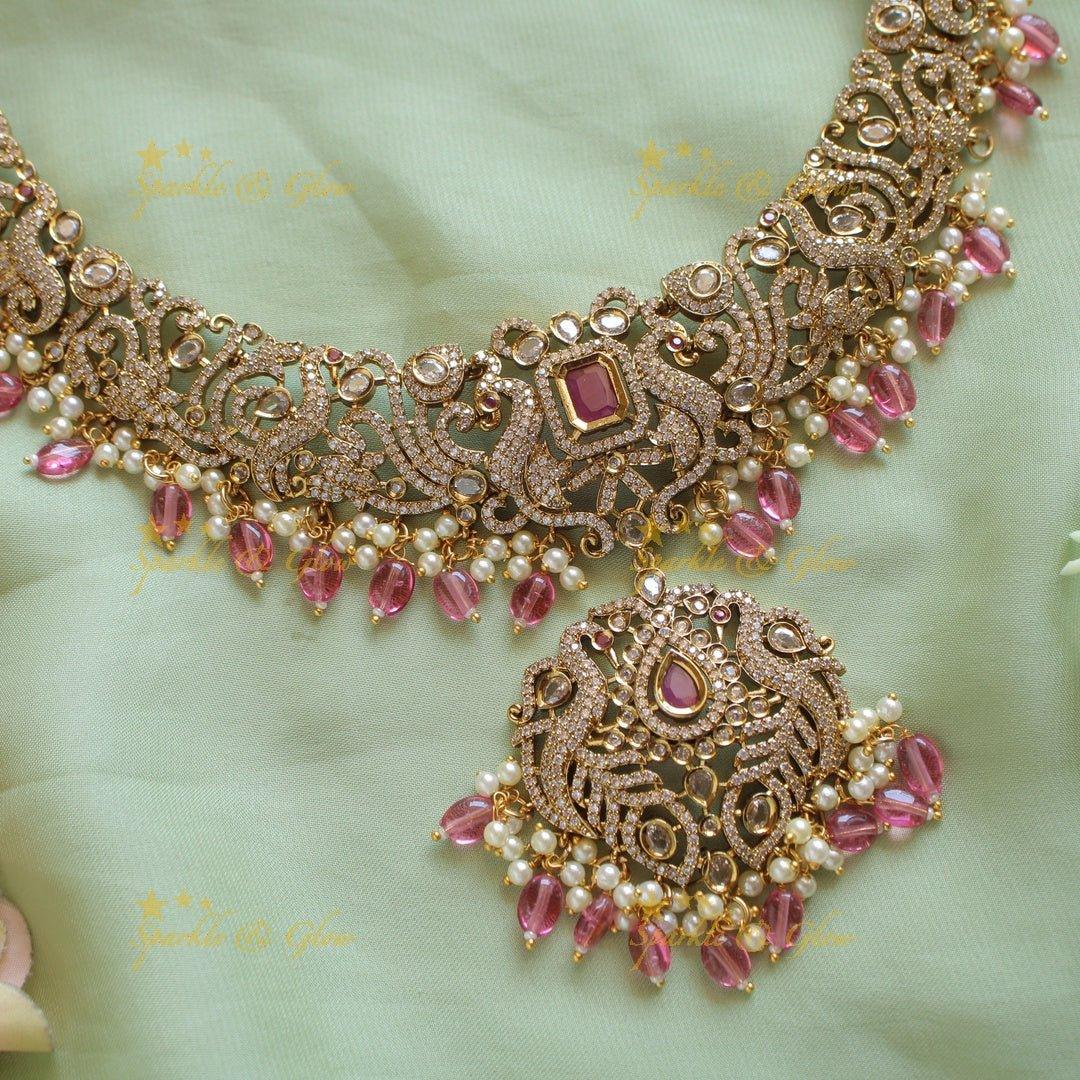 Statement Peacock lotus design victorian AD short necklace with pearls green stones and green beads - Sparkle and Glow