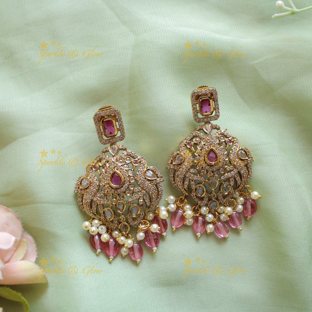 Statement Peacock lotus design victorian AD short necklace with pearls green stones and green beads - Sparkle and Glow