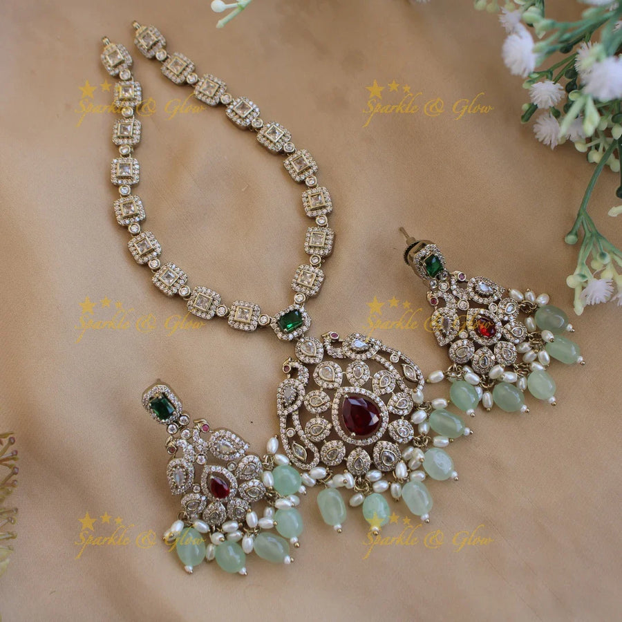 Elegant Peacock floral pendant victorian AD short necklace with multi colour stones and mint green beads - Sparkle and Glow