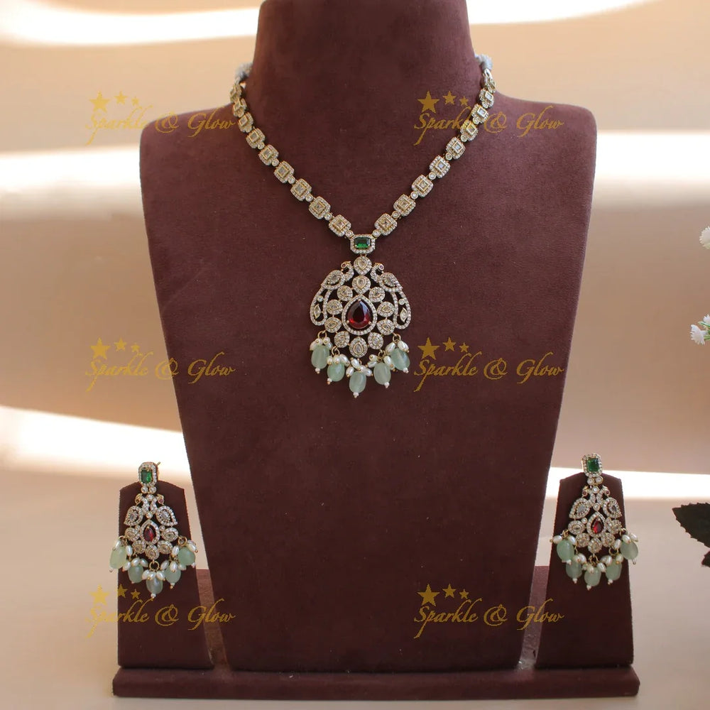 Elegant Peacock floral pendant victorian AD short necklace with multi colour stones and mint green beads - Sparkle and Glow