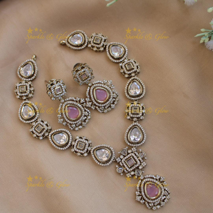 Statement victorian AD short necklace with baby pink stones - Sparkle and Glow