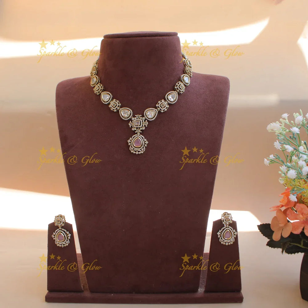 Statement victorian AD short necklace with baby pink stones - Sparkle and Glow