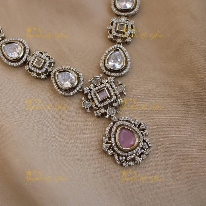 Statement victorian AD short necklace with baby pink stones - Sparkle and Glow