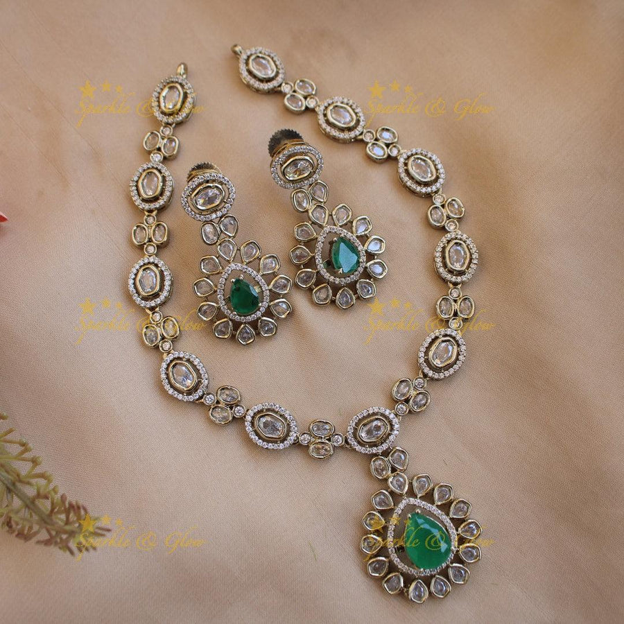 Beautiful INterchangeable stones Oval design victorian AD short necklace with green stone - Sparkle and Glow