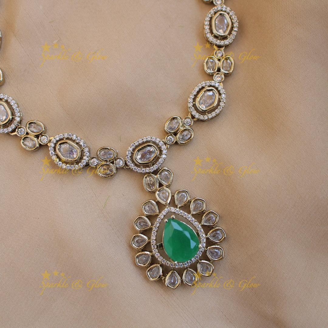 Beautiful INterchangeable stones Oval design victorian AD short necklace with green stone - Sparkle and Glow