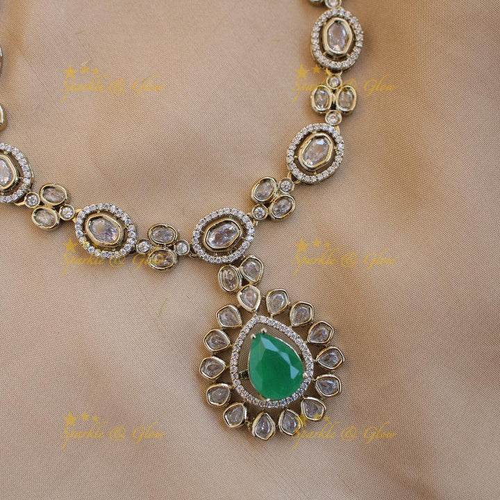 Beautiful INterchangeable stones Oval design victorian AD short necklace with green stone - Sparkle and Glow