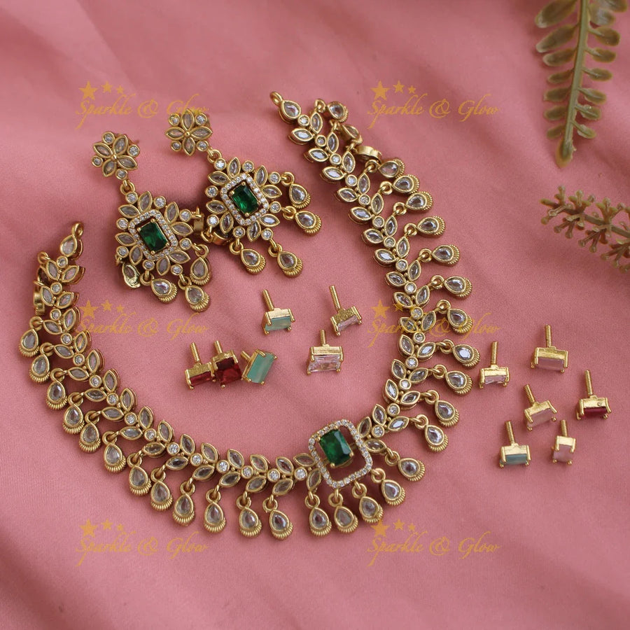 Statement Leaflet design AD short necklace with interchangeable stones - Sparkle and Glow