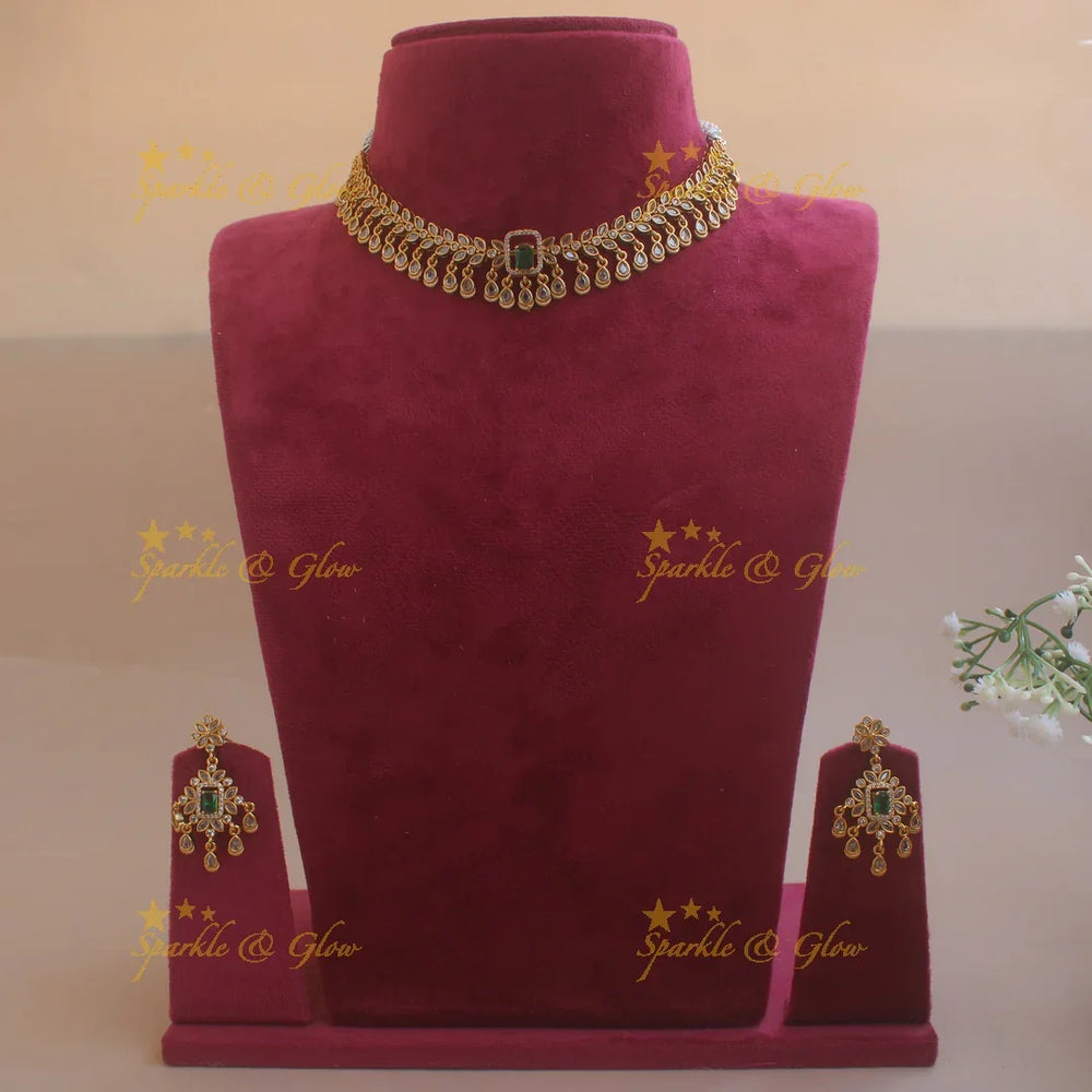 Statement Leaflet design AD short necklace with interchangeable stones - Sparkle and Glow