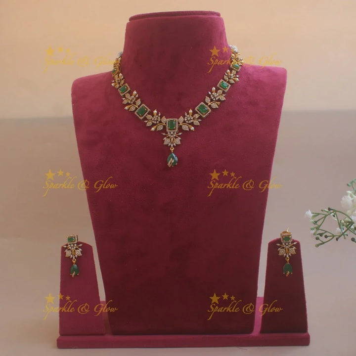 Elegant Floral and leaf design AD short necklace with pearls and ruby stones - pink - Sparkle and Glow
