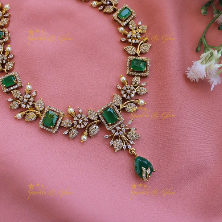 Elegant Floral and leaf design AD short necklace with pearls and ruby stones - pink - Sparkle and Glow