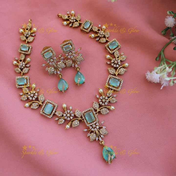 Elegant Floral and leaf design AD short necklace with pearls and ruby stones - pink - Sparkle and Glow