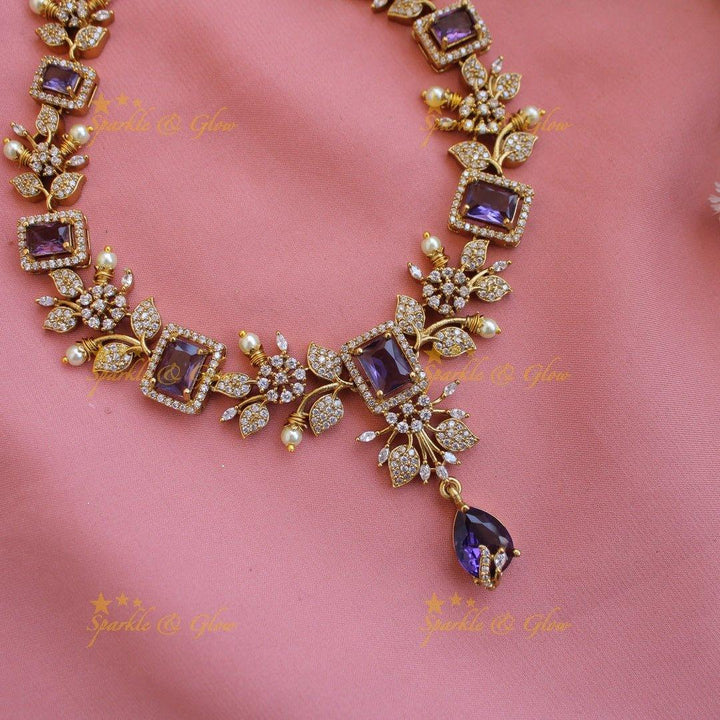 Elegant Floral and leaf design AD short necklace with pearls and ruby stones - pink - Sparkle and Glow