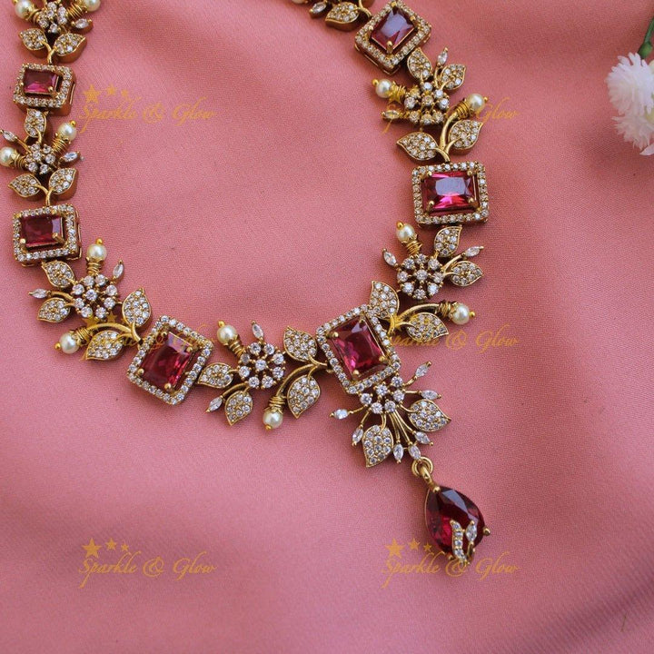 Elegant Floral and leaf design AD short necklace with pearls and ruby stones - pink - Sparkle and Glow