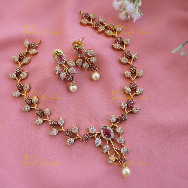 Stunning Floral branch design AD short necklace with ruby emeralds pearl drop - Sparkle and Glow