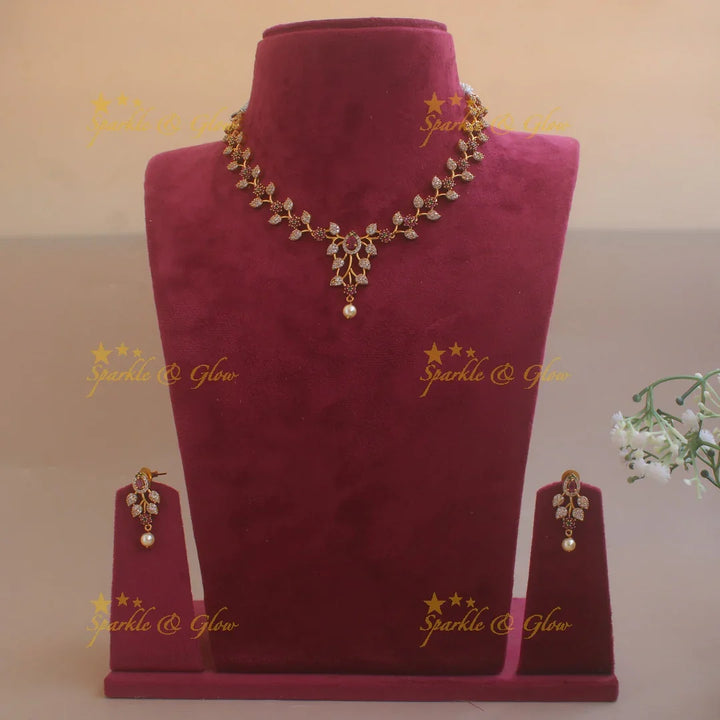 Stunning Floral branch design AD short necklace with ruby emeralds pearl drop - Sparkle and Glow