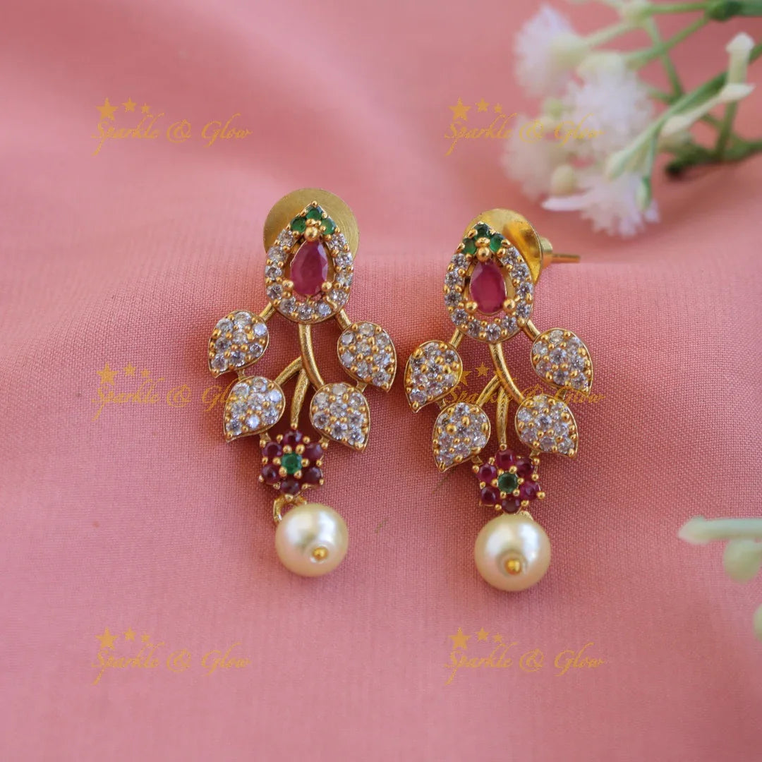 Stunning Floral branch design AD short necklace with ruby emeralds pearl drop - Sparkle and Glow