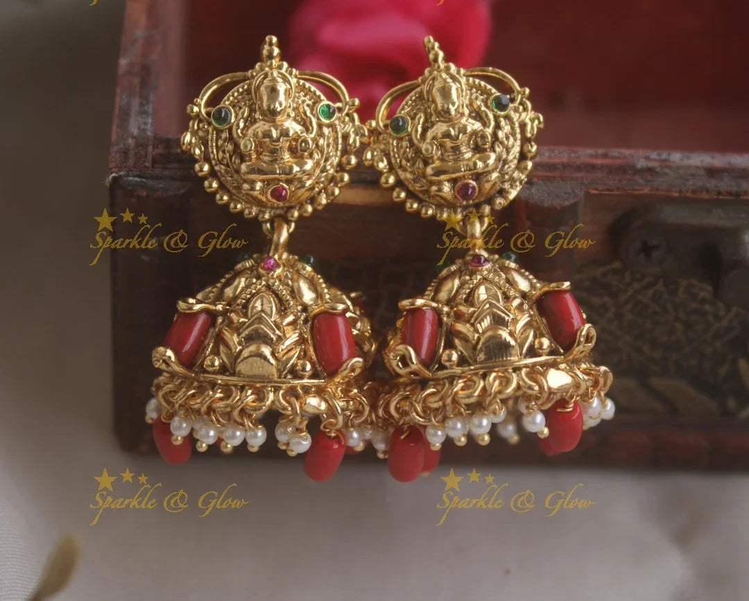 Gold alike Idol Lakshmi Studded Coral Beads Jhumuka - Sparkle and Glow