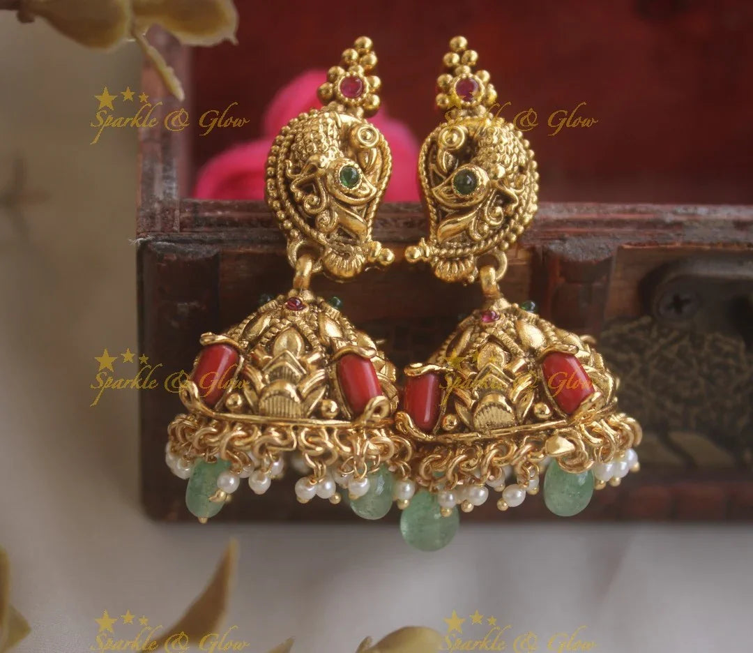 Beautiful Mango Peacock carved Jhumukas with mint green coral beads - Sparkle and Glow