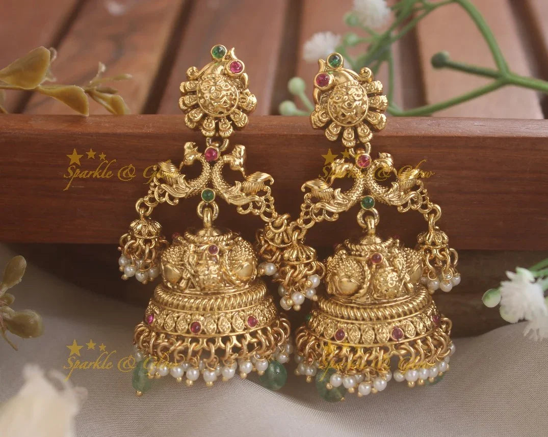 Gracious Dancing Peacock Jhumukas with Pearl Mint Green beads - Sparkle and Glow